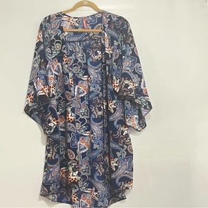 PAOLINO Women Open Front Kimono Top Paisley Navy Multi Color Half Sleeve Medium